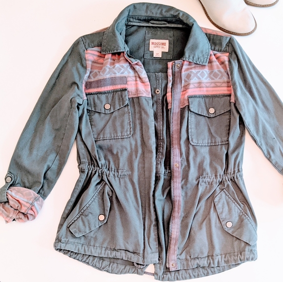 Light Weight Blue Gray Jacket w Coral Aztec Print - Picture 10 of 10